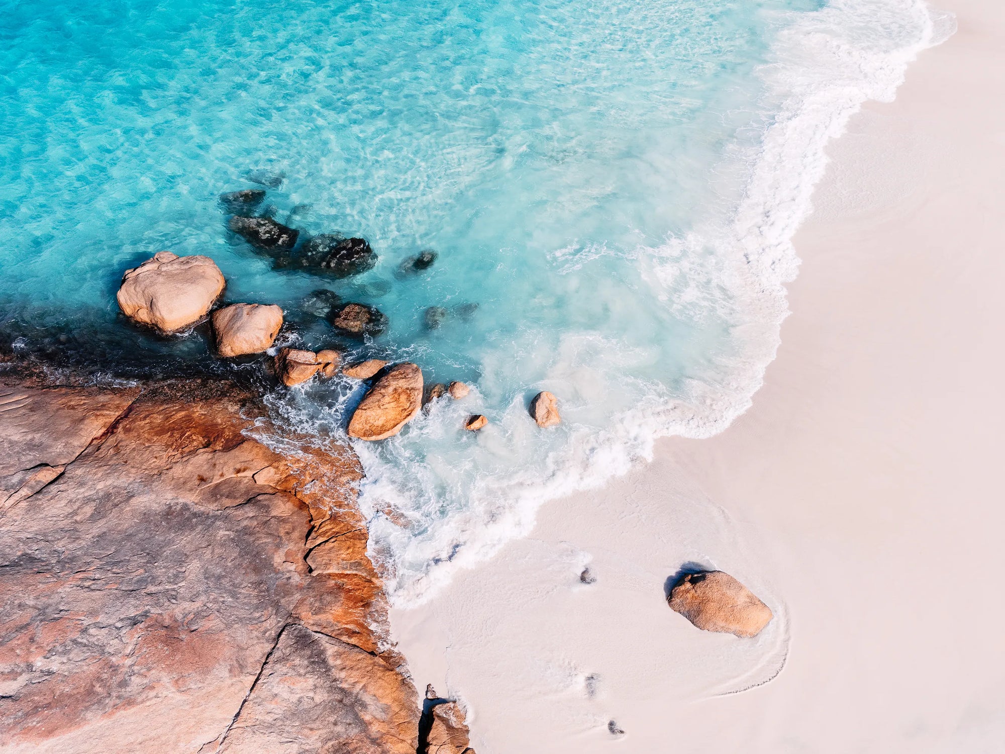 Aerial view of Little Beach, Albany with turquoise water and soft coastal light captured in wall art print.