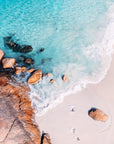 Aerial view of Little Beach, Albany with turquoise water and soft coastal light captured in wall art print.