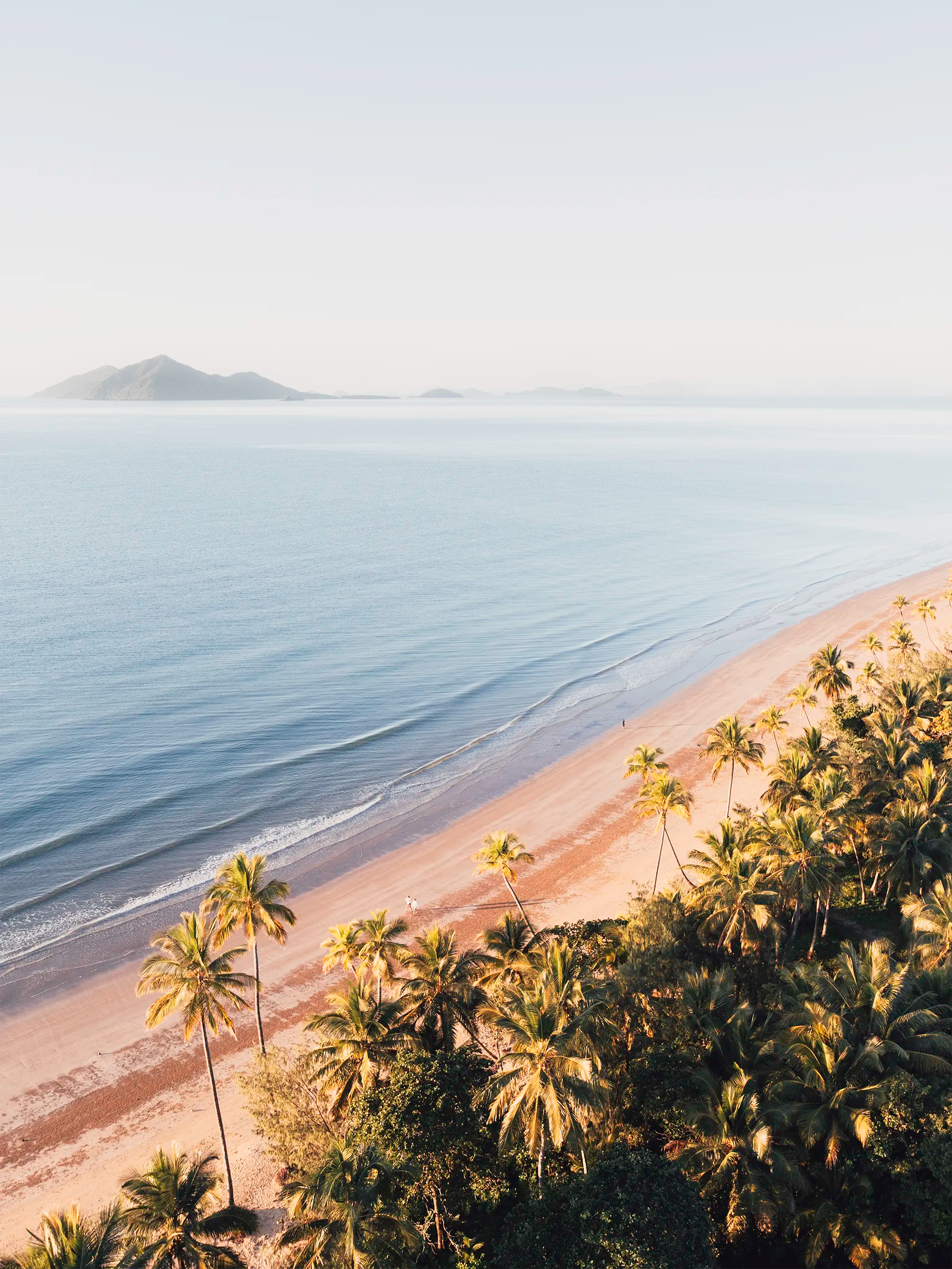 Mission Beach, Cassowary Coast showing tropical coastline with palm-lined shore and soft wave lines along sandy beach