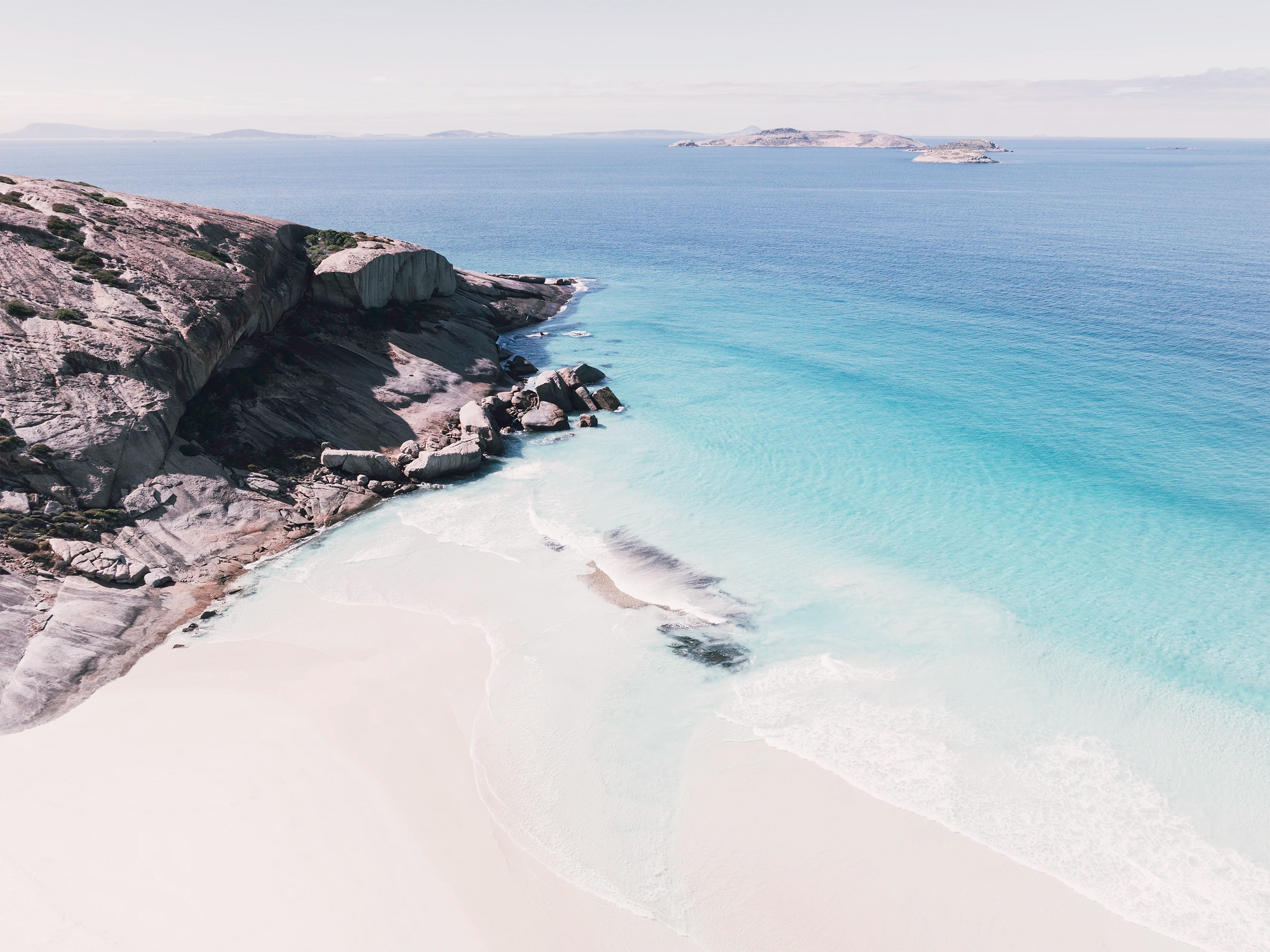 Aerial view of West Beach, Esperance with fresh coastal tones and granite islands captured as wall art for modern interiors.