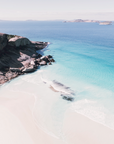 Aerial view of West Beach, Esperance with fresh coastal tones and granite islands captured as wall art for modern interiors.