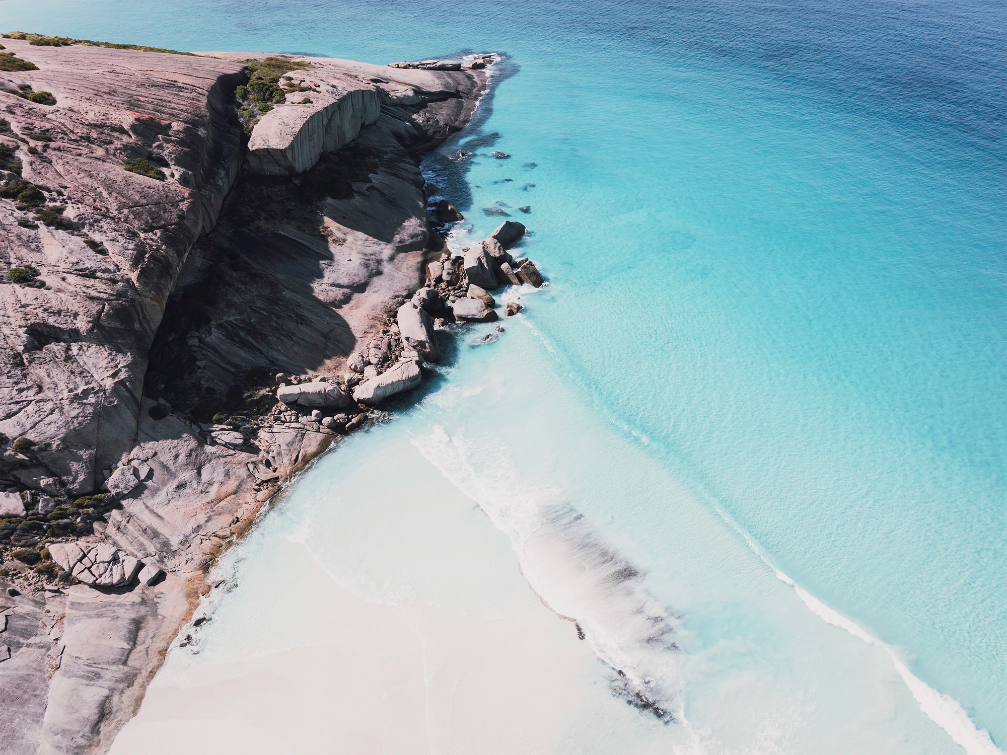 Aerial view of West Beach, Esperance with soft coastal light and muted blue tones in a serene wall art print.